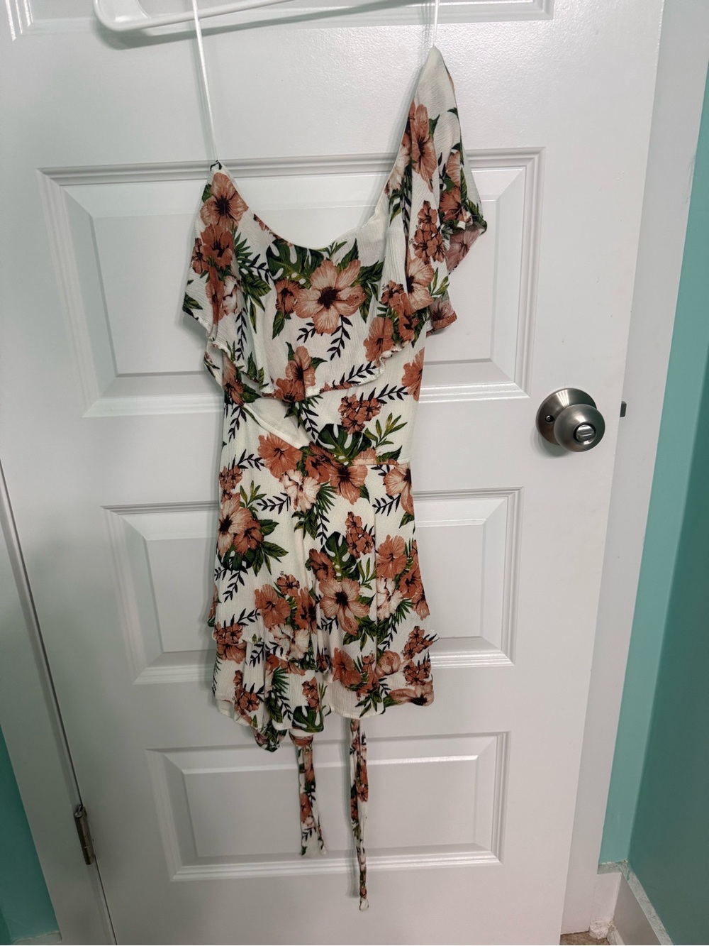 Blue Rain Floral Ruffle Mini Dress in Cream and Brown